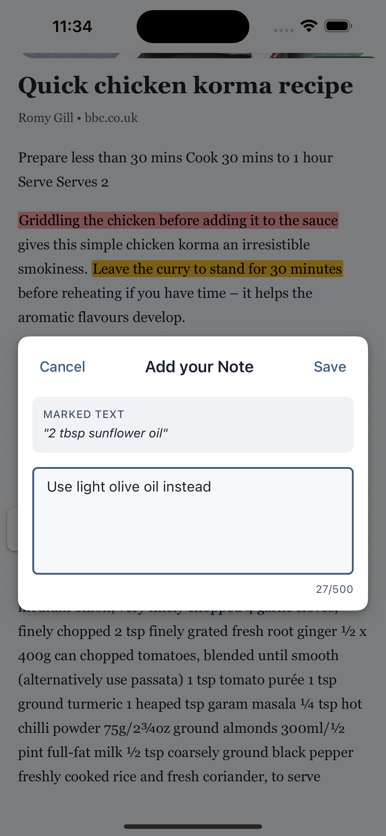 iPhone screenshot of a highlighted passage with an open note dialog in Quicksave.