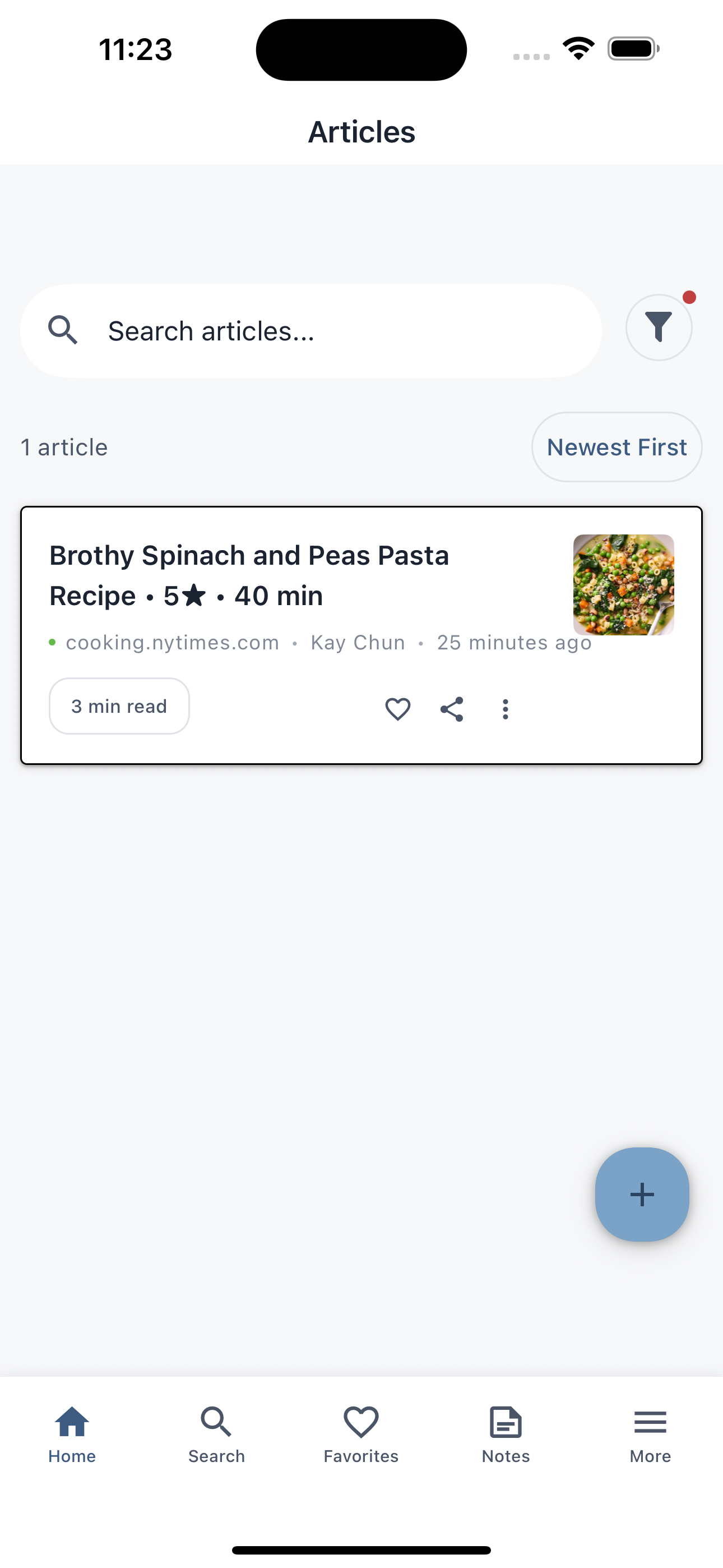 iPhone screenshot of the Quicksave app showing a saved article in the articles list.