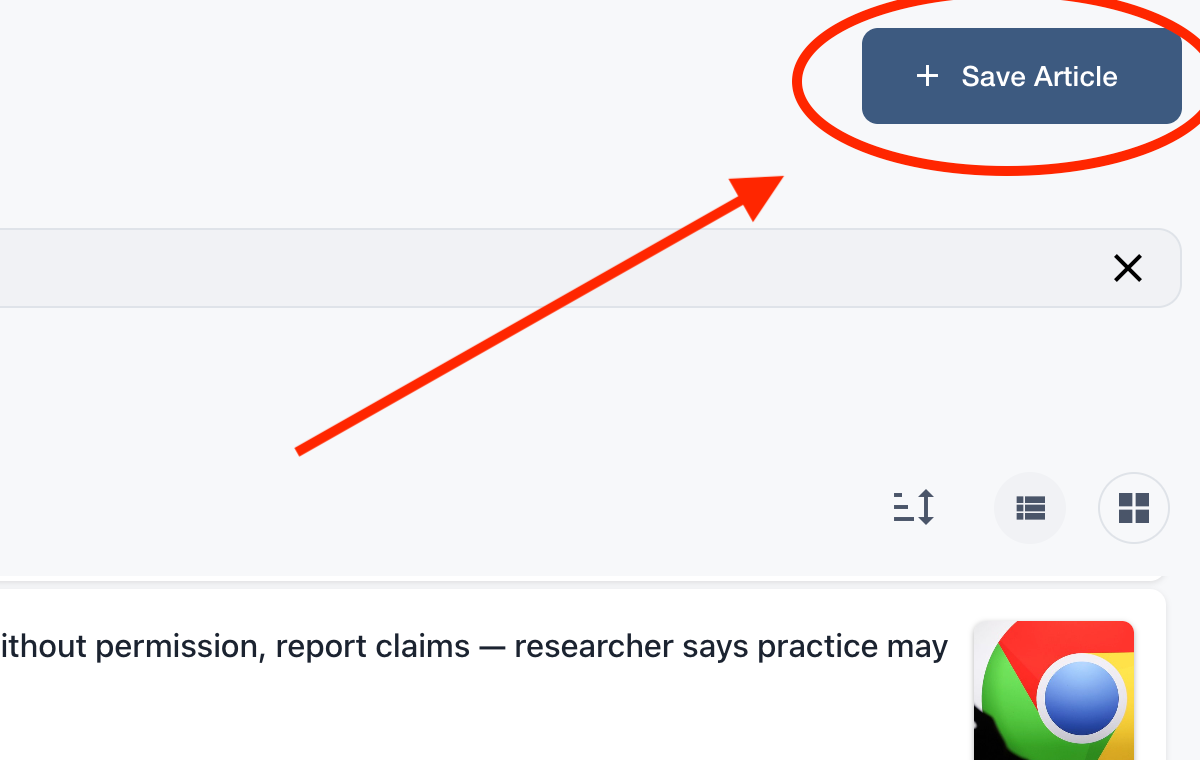 Desktop screenshot of the Quicksave web app with the save article button highlighted.