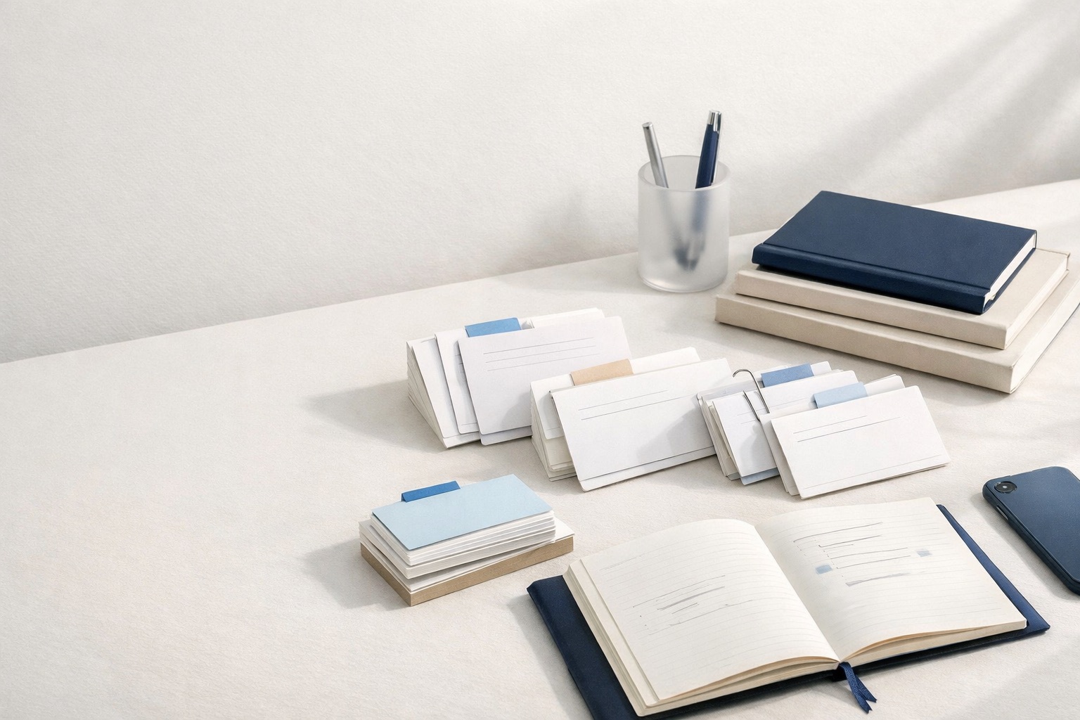 Heller Schreibtisch mit geordneten Karteikarten, Notizbuch, Büchern und Smartphone als Editorial-Bild für strukturiertes Lesen.